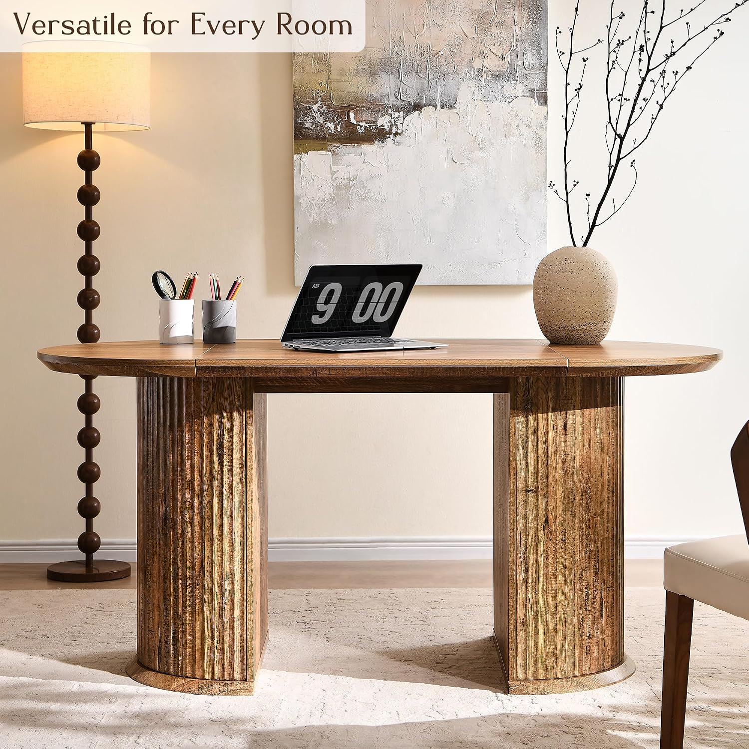 T4TREAM Fluted 63" Oval Dining Table for Kitchen Living Room, Rustic Brown