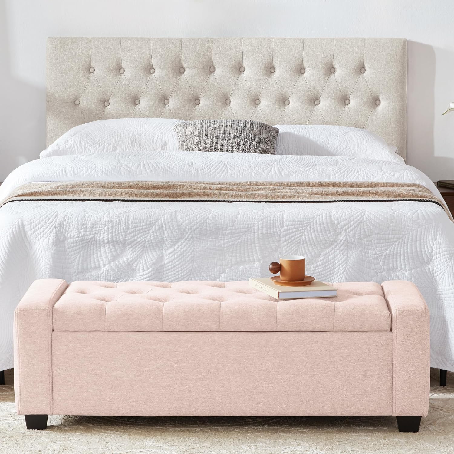 Mangodan 48" Ottoman with Storage, Soft Storage Ottoman Bench for Bedroom, Tufted Upholstered Window Benches, End of Bed Bench for Living Room, Entryway Bench with Seating, Foot Rest, Pink