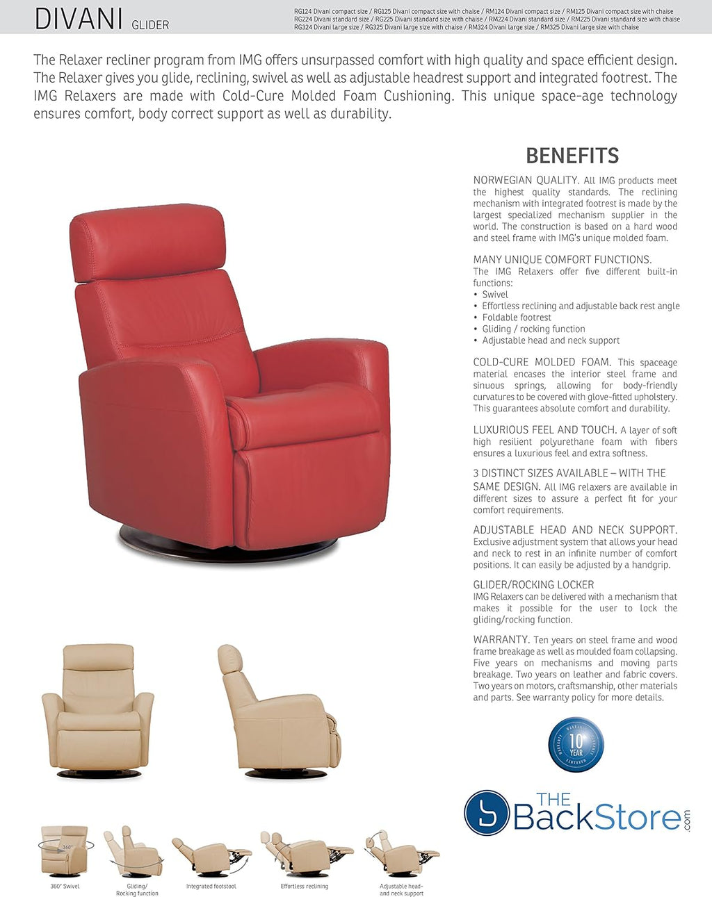 IMG Divani RG 325 Large Glider Relaxer Rocking Recliner Swivel Chair - Trend Sand Leather Manual Recline - Adjustable Headres