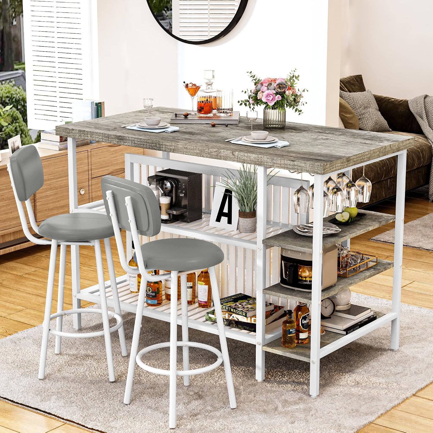 DKLGG 3 Piece Dining Table Set for 2,Kitchen Island with Seating & Storage,Industrial Bar Table and Chairs Set,Space-Saving Pub Table Set for Small Space (Grey)