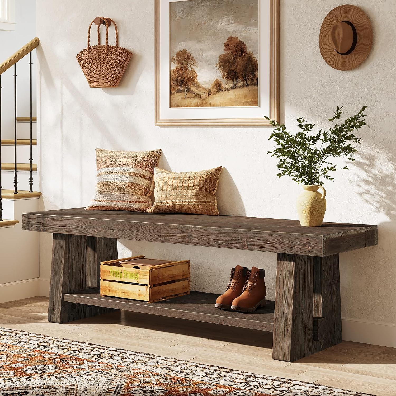 63'' Solid Wood Entryway Bench with Open Shelves, 2-Tier End of Bed Bench, Farmhouse Wooden Bench Indoor for Dining Room, Living Room, Hallway, Bedroom