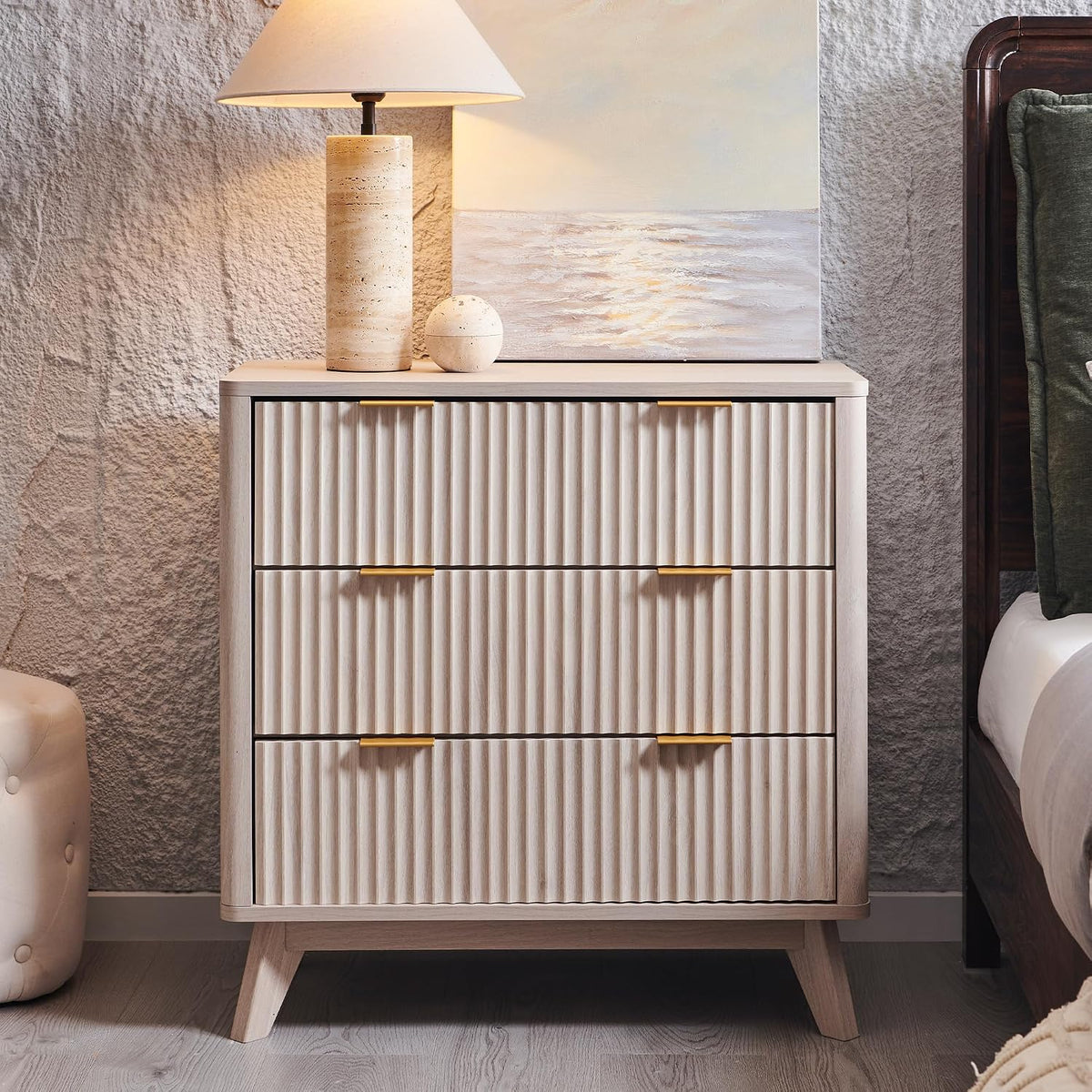 T4TREAM 32" Large Fluted Nightstand with 3 Drawers, White Alder | Oversized, Mid Century Modern, Curved Profile, Metal Handles, Smooth Slides, Spacious Drawers, for Bedroom, Living Room