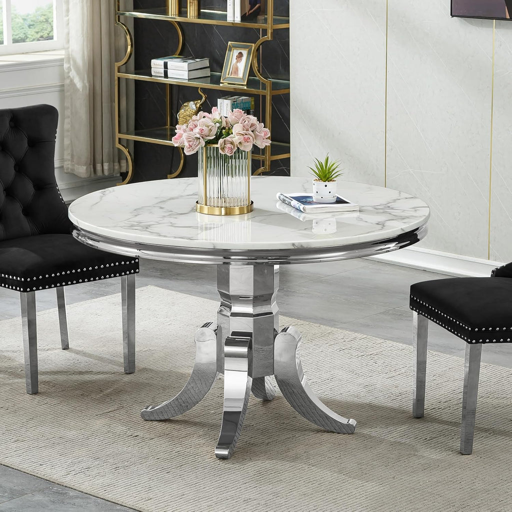 45 inch White Marble Round Dining Table for 4 to 6, Modern Round Dining Table with Faux Marble Top & Silver Stainless Steel Y Base, Luxury Marble Kitchen Dining Room Table for Dinette Party Gathering