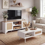 IDEALHOUSE Living Room Table Sets of 2, Includes 62" Rattan TV Stand Storage Cabinet for 65" TV, Farmhouse Coffee Table with Storage Shelf for Bedroom
