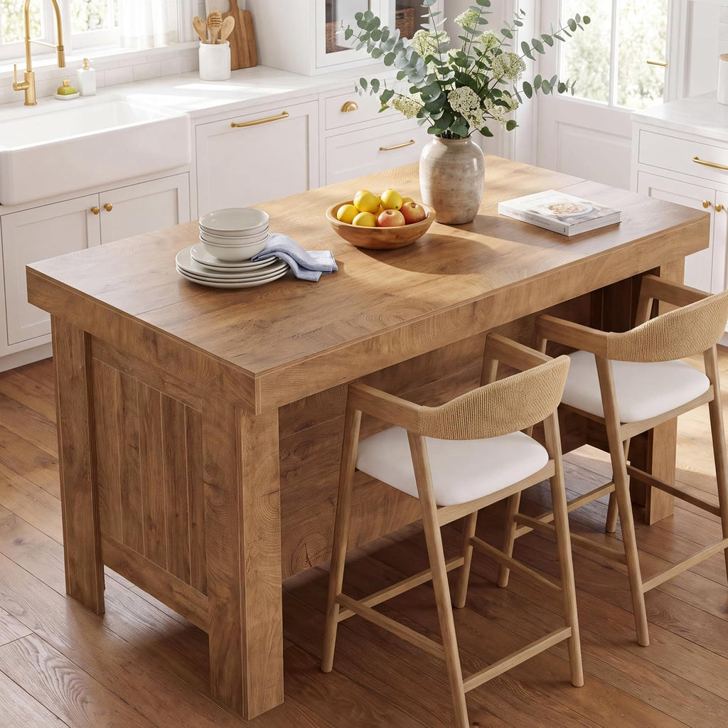 Tribesigns 55" Kitchen Island with Storage & Seating (Natural Brown | Farmhouse Wooden Island with Stationary Worktop, Open Shelves, and Legroom, Dining Prep Station for Home Kitchen