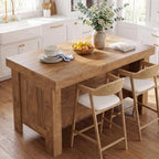 Tribesigns 55" Kitchen Island with Storage & Seating (Natural Brown | Farmhouse Wooden Island with Stationary Worktop, Open Shelves, and Legroom, Dining Prep Station for Home Kitchen
