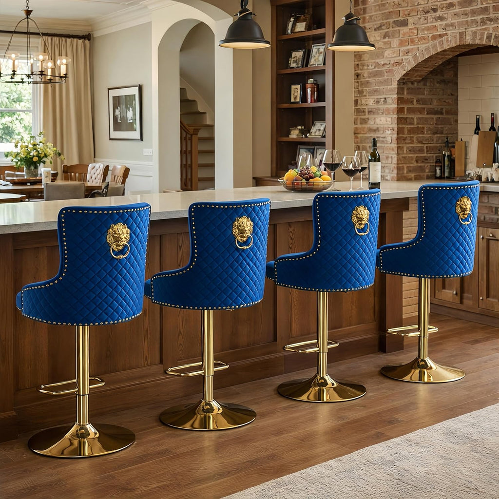 Gold Barstools Set of 4,Velvet Swivel Bar Height Stools with Lion Pull Ring,Upholstered Counter Height Stools with Tufted Back,Modern Adjustable Bar Chairs for Kitchen Island/Cafe, Navy Blue