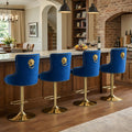 Gold Barstools Set of 4,Velvet Swivel Bar Height Stools with Lion Pull Ring,Upholstered Counter Height Stools with Tufted Back,Modern Adjustable Bar Chairs for Kitchen Island/Cafe, Navy Blue