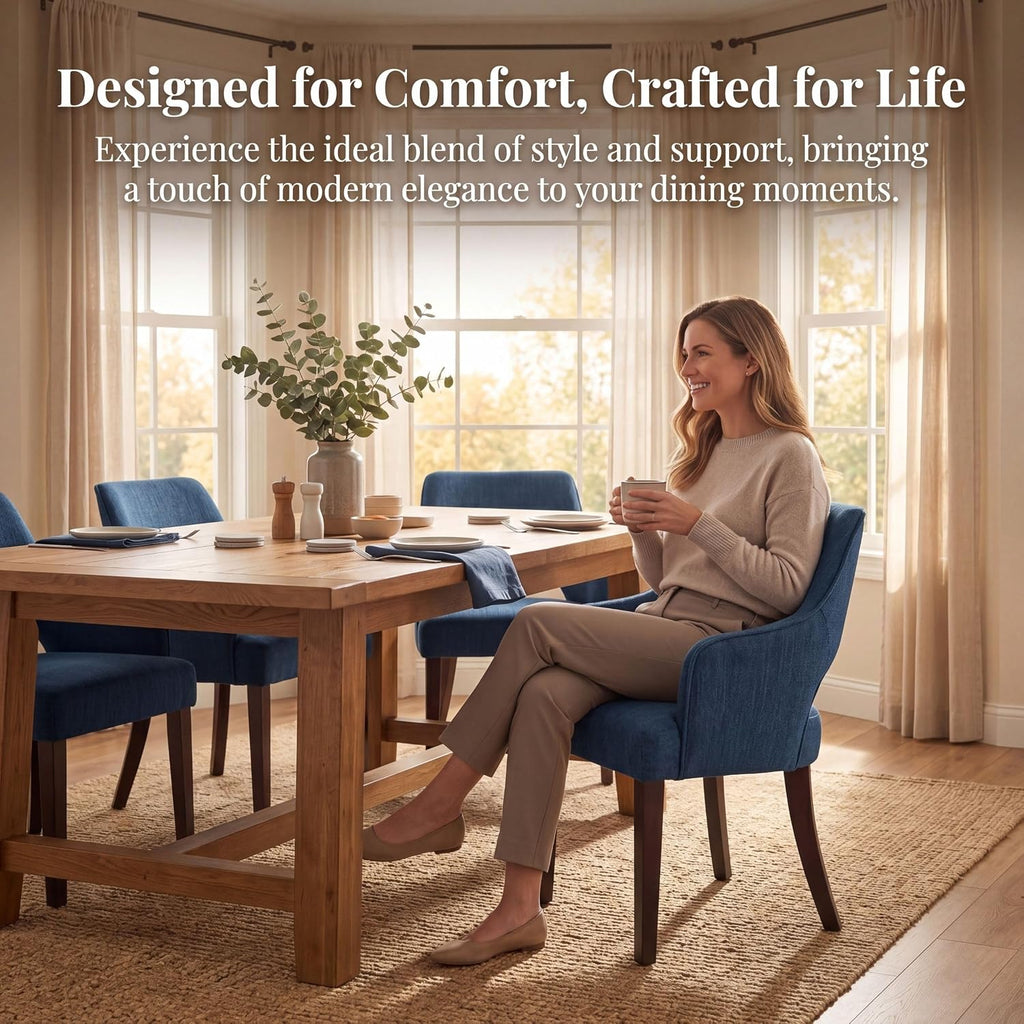 chairus Farmhouse Dining Chairs Set of 2 with Arms, Blue Linen Upholstered Dining Room Chairs, Curved Open Back Kitchen Accent Side Chairs, Blue