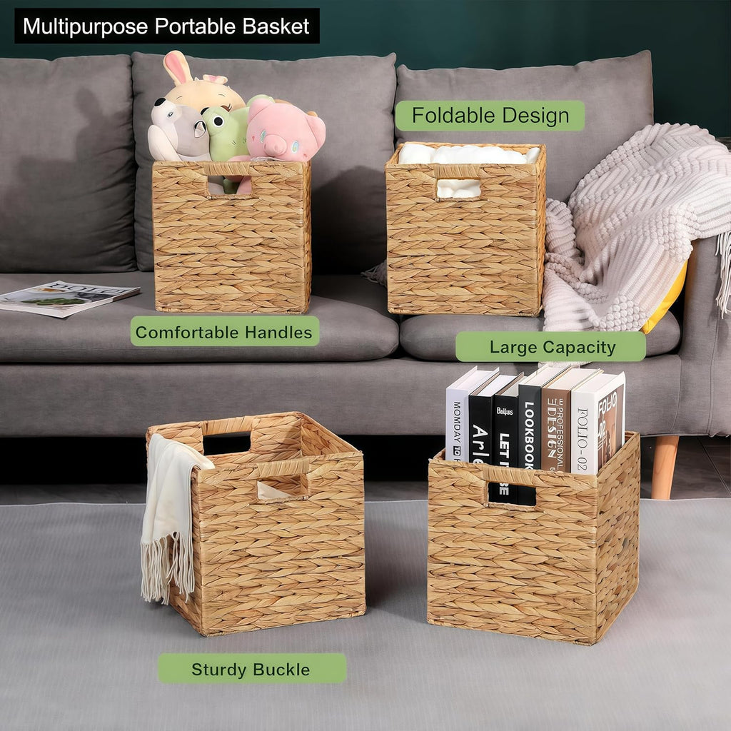 11 x 11 x 11 in Woven Storage Baskets,Set of 4 Wicker Cubes Baskets,Natural | Foldable Water Hyacinth Baskets,Handwoven Storage Baskets for Shelves,Kitchen or Outdoor