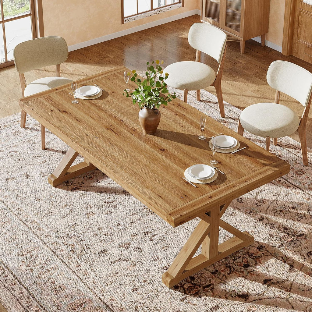 Solid Wood Dining Table for 4-6, 63-Inch Farmhouse Kitchen Table with Sturdy Legs, Wooden Rectangular Dinner Furniture for Kitchen, Dining Room, Light Brown