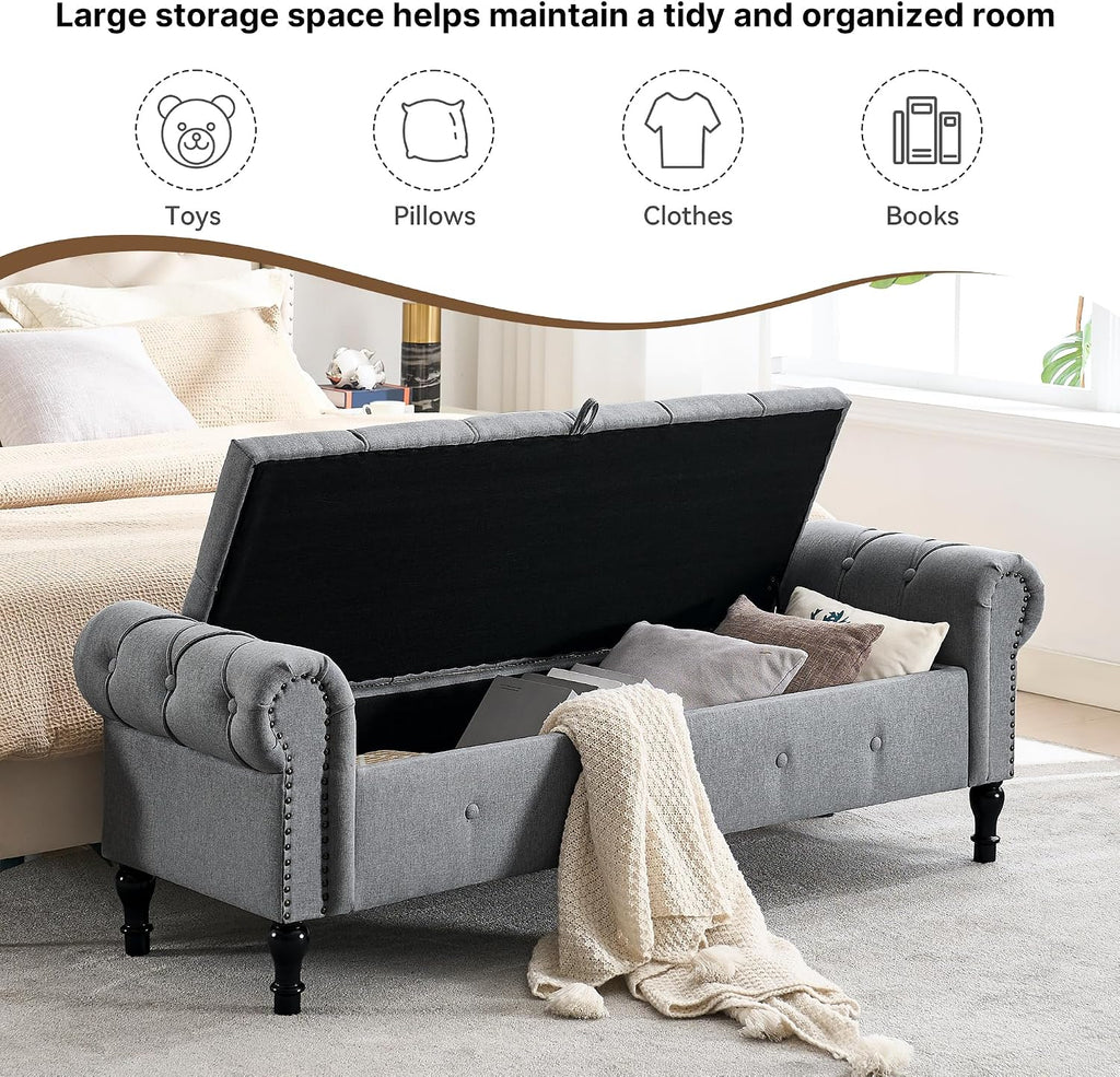 Storage Bench 67" Linen End of Bed Benches Grey | King Size Storage Bench for Bedroom with Rolled Arms Tufted Ottoman Benches Upholstered Bench for Living Room Entryway
