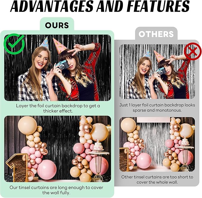 BTSD-home 4 Pack Black Foil Fringe Curtain Backdrop Metallic Photo Booth Backdrop Tinsel Curtains for Bachelorette Birthday Bridal Shower Party Decorations(3ft x 8ft)
