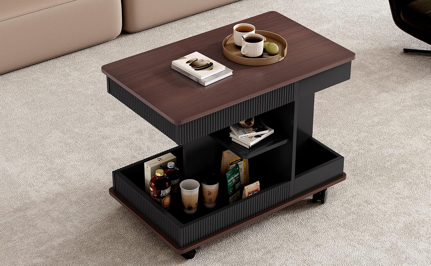 Adjustable Side Table with Wheels, 360° Rotating Lift-Top & Storage, Modern Bedside/Sofa Rolling Table for Small Spaces, Living Room Use, Black