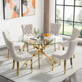 Round Glass Dining Room Table Set for 6, 7-Piece Dining Table Set with 47.2" Circle Gold Glass Dinner Table & 6 Beige Velvet Tufted Chairs, Modern Kitchen Table Set for Apartment Home Office