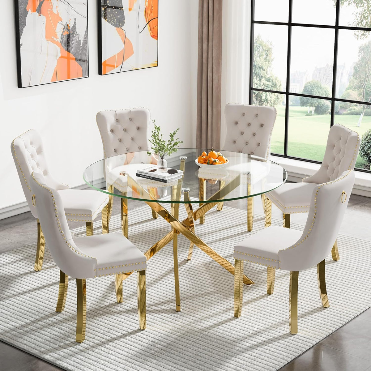 Round Glass Dining Room Table Set for 6, 7-Piece Dining Table Set with 47.2" Circle Gold Glass Dinner Table & 6 Beige Velvet Tufted Chairs, Modern Kitchen Table Set for Apartment Home Office