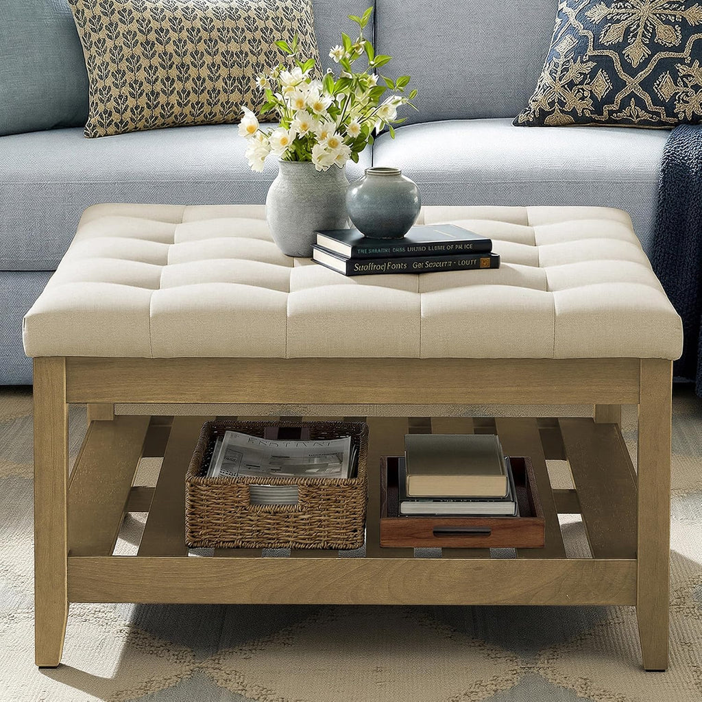 SONGMICS Storage Ottoman with Solid Wood Frame, Square Upholstered Ottoman Coffee Table, Footrest, Tufted Cushion, for Living Room, Easy Assembly, 31.5 x 31.5 x 17.7 Inches, Summer Sand ULSF008LF01