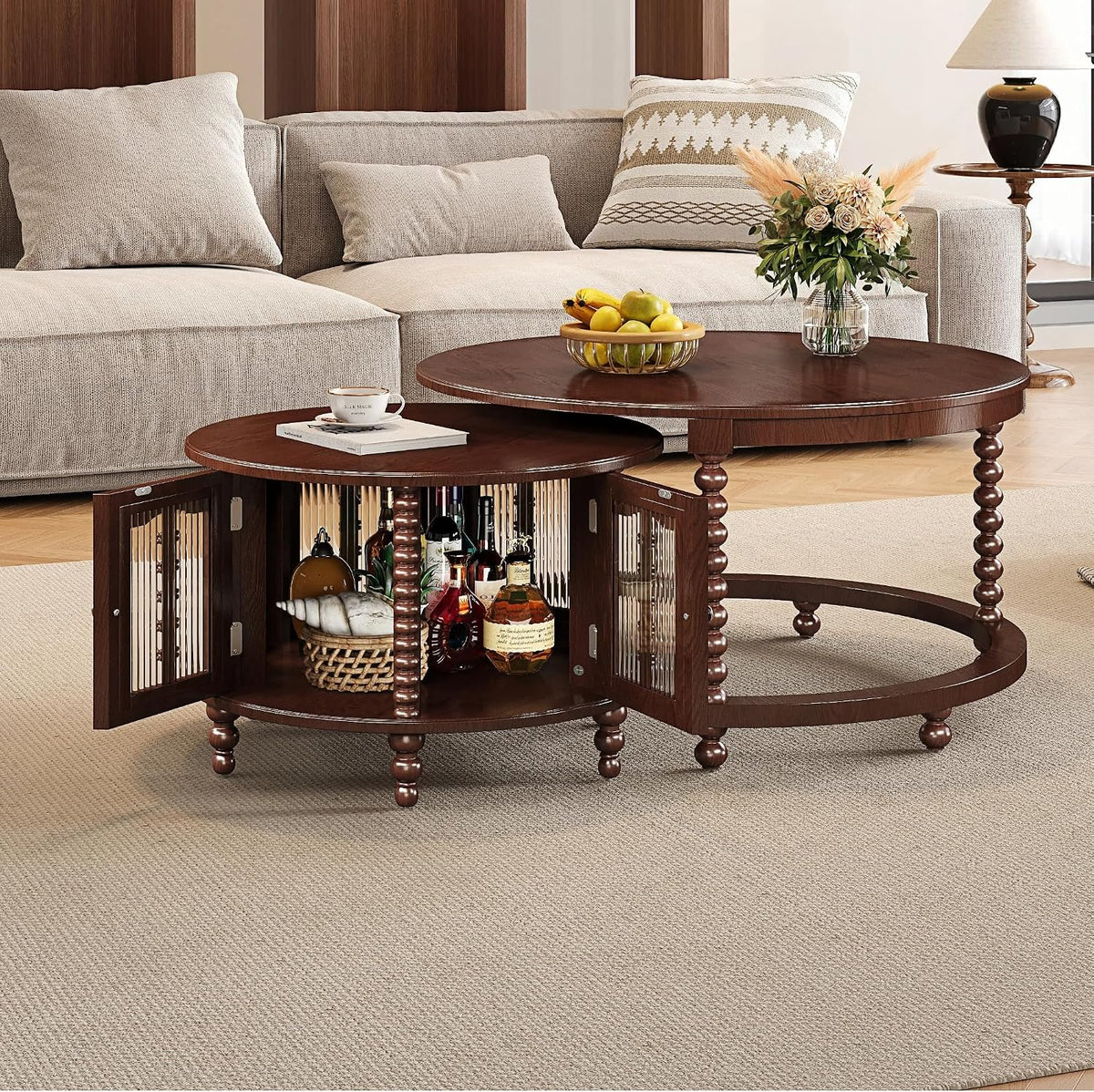 32" Vintage Designed Stacking Nesting Tables, Set of Nesting Tables with Hidden Storage Cabinet, Side Tables with Classic Retro Decor for Indoor Home Spaces, Walnut