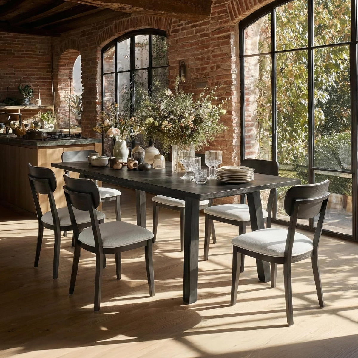 COLAMY Solid Wood Dining Chairs Set of 6, Mid Century Modern Upholstered Kitchen Chairs with 3.3" Thick Cushion, Farmhouse Dining Room Chairs with Level Legs & Wire-Brushed Finish, Black