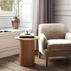 Small Round Side Table, Fluted Drum Pedestal End Table, Wood Plant Stand for Small Spaces, Modern Home, Bedroom, and Living Room Desk Furniture, Nature