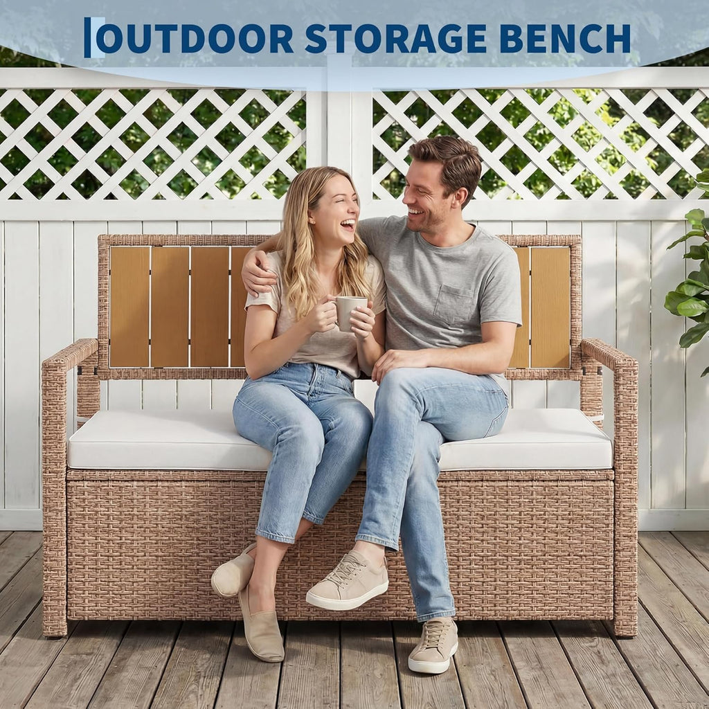 GarveeLife Wicker Storage Ottoman with Cushion, Indoor Outdoor Rattan Storage Stool, Iron Frame with WPC Top, Waterproof Seat Cushion, Patio Balcony Living Room Furniture, Yellow Rattan