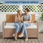 GarveeLife Wicker Storage Ottoman with Cushion, Indoor Outdoor Rattan Storage Stool, Iron Frame with WPC Top, Waterproof Seat Cushion, Patio Balcony Living Room Furniture, Yellow Rattan