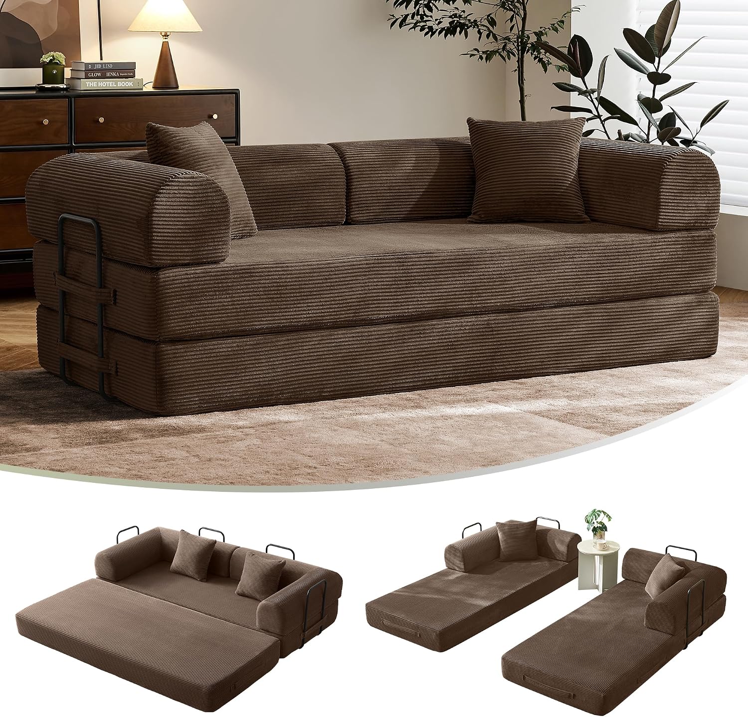 79" Convertible Futon Sofa Bed, Couch for Living Room | Brown | Folding Corduroy Sleeper Sofa, Modular Futon Couch with Fixed-Shape Frame, Pull Out Couch No Assembly