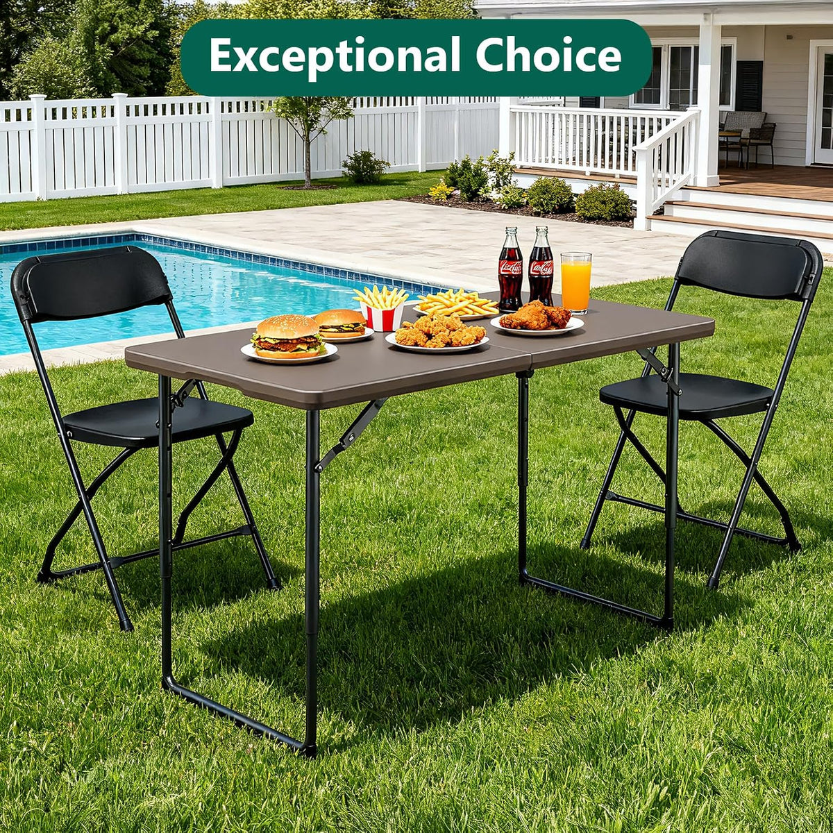 Folding Table 4ft - Heavy Duty Fold-in-Half Plastic Table with Adjustable Height, Portable Utility Tables with Steel Legs for Indoor, Outdoor, Picnic, Camping, Dining, Party (Khaki)