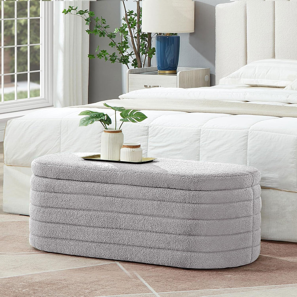 Storage Ottoman Bench End of Bed for Bedroom, Boucle Upholstered Entryway Shoe Seat Bench with Storage, Sherpa Modern Cute Padded Blanket Chest Stool Foot Rest for Living Room (Light Gray)