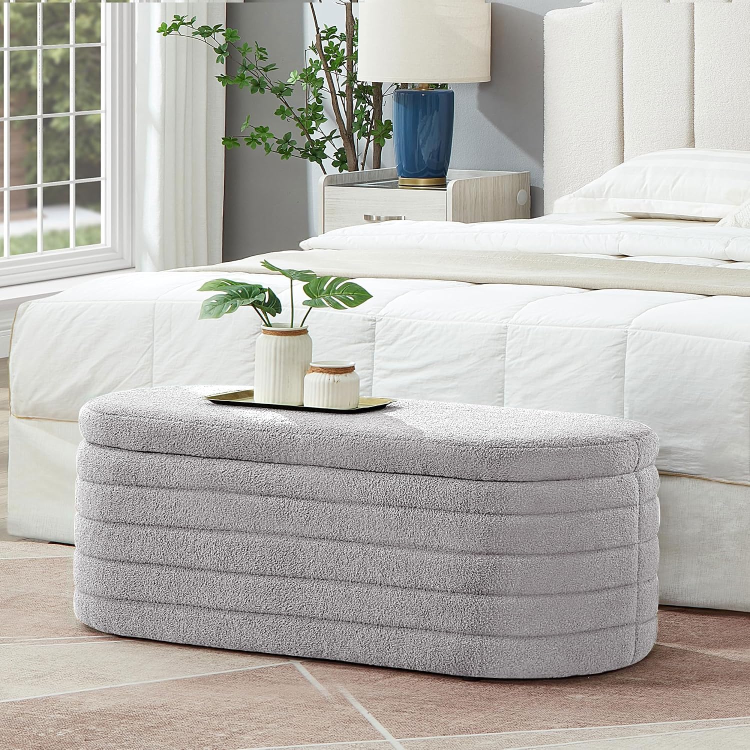 Storage Ottoman Bench End of Bed for Bedroom, Boucle Upholstered Entryway Shoe Seat Bench with Storage, Sherpa Modern Cute Padded Blanket Chest Stool Foot Rest for Living Room (Light Gray)