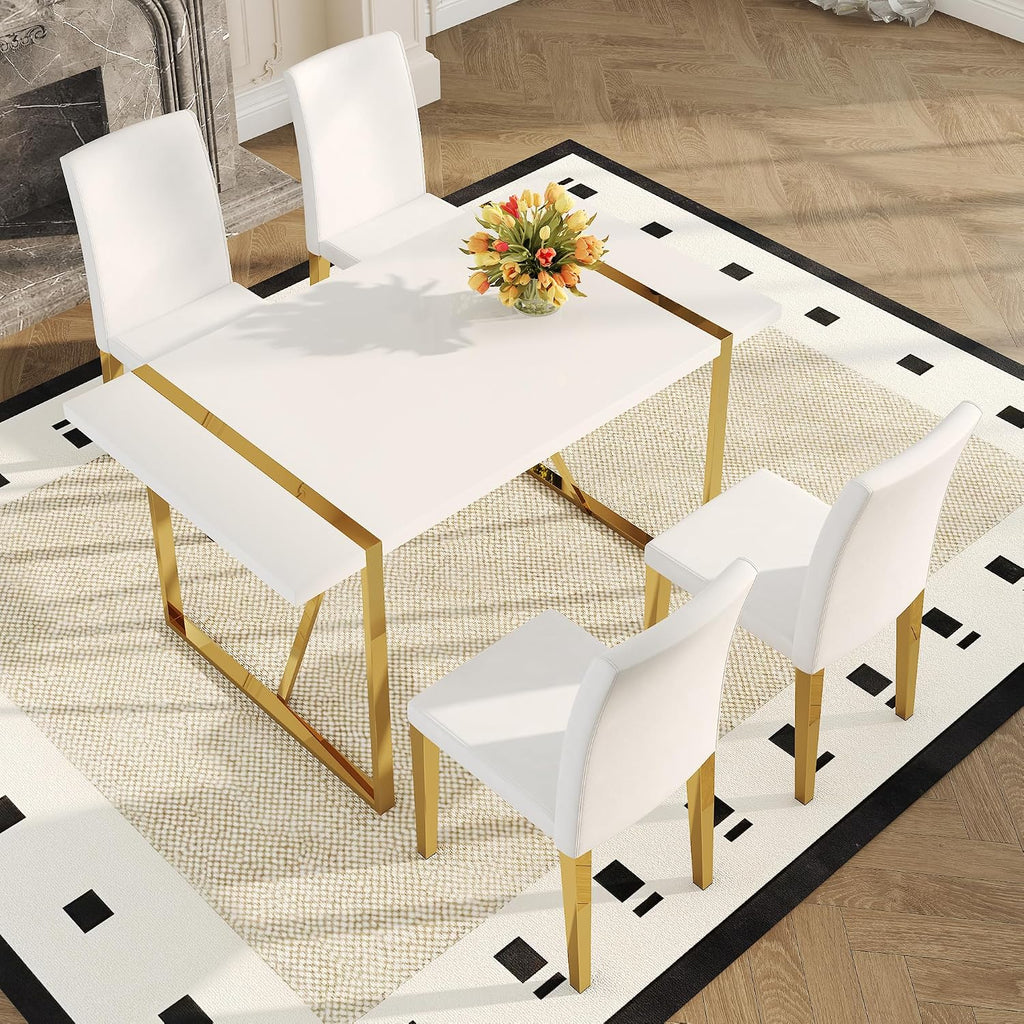 55" White Dining Table Set for 4, Modern Dining Table Set for 4, White Glossy Table with White Faux Leather Chairs, Gold Metal Frame Breakfast Table Set for 4 Ideal for Dining Room,Small Space