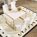 55" White Dining Table Set for 4, Modern Dining Table Set for 4, White Glossy Table with White Faux Leather Chairs, Gold Metal Frame Breakfast Table Set for 4 Ideal for Dining Room,Small Space