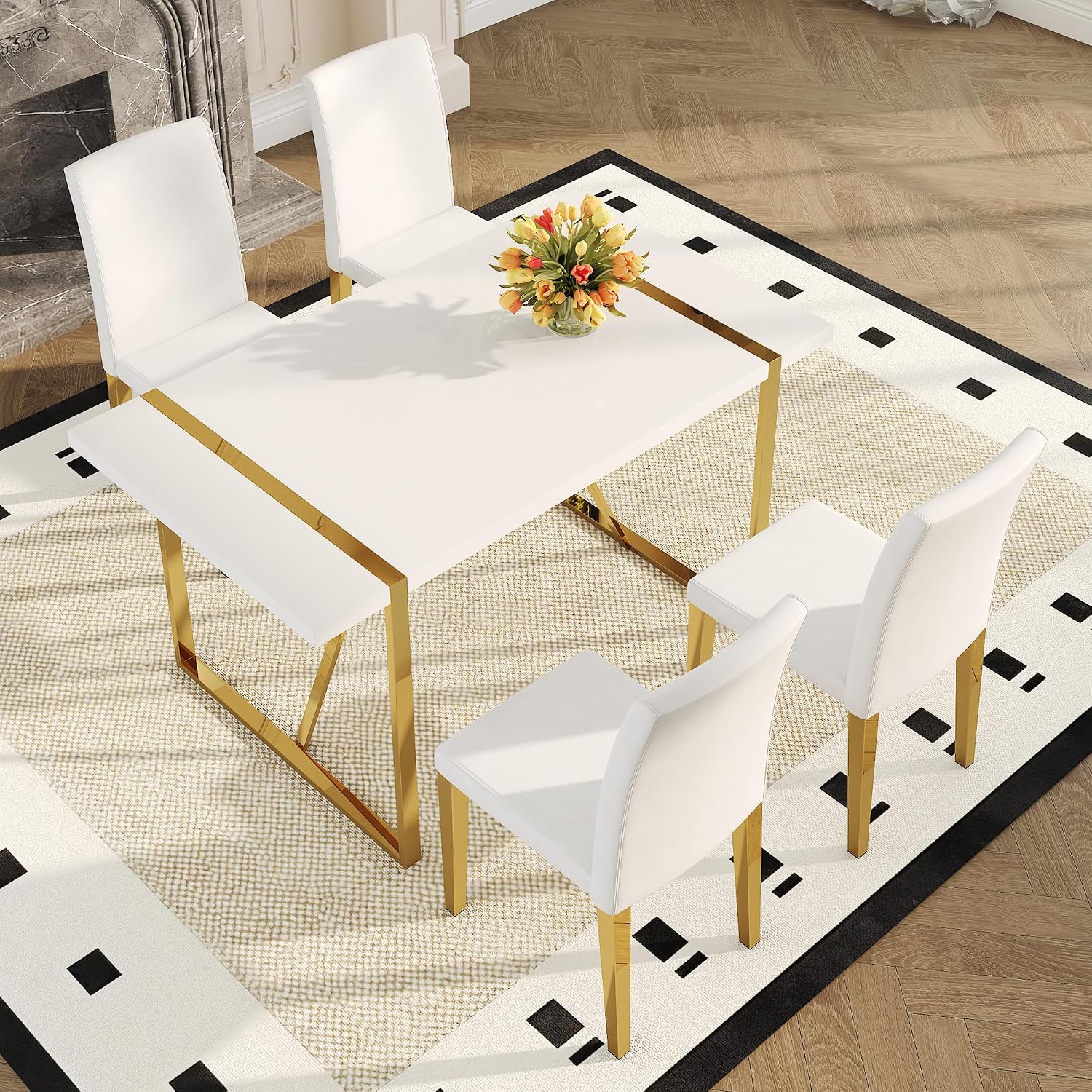 55" White Dining Table Set for 4, Modern Dining Table Set for 4, White Glossy Table with White Faux Leather Chairs, Gold Metal Frame Breakfast Table Set for 4 Ideal for Dining Room,Small Space