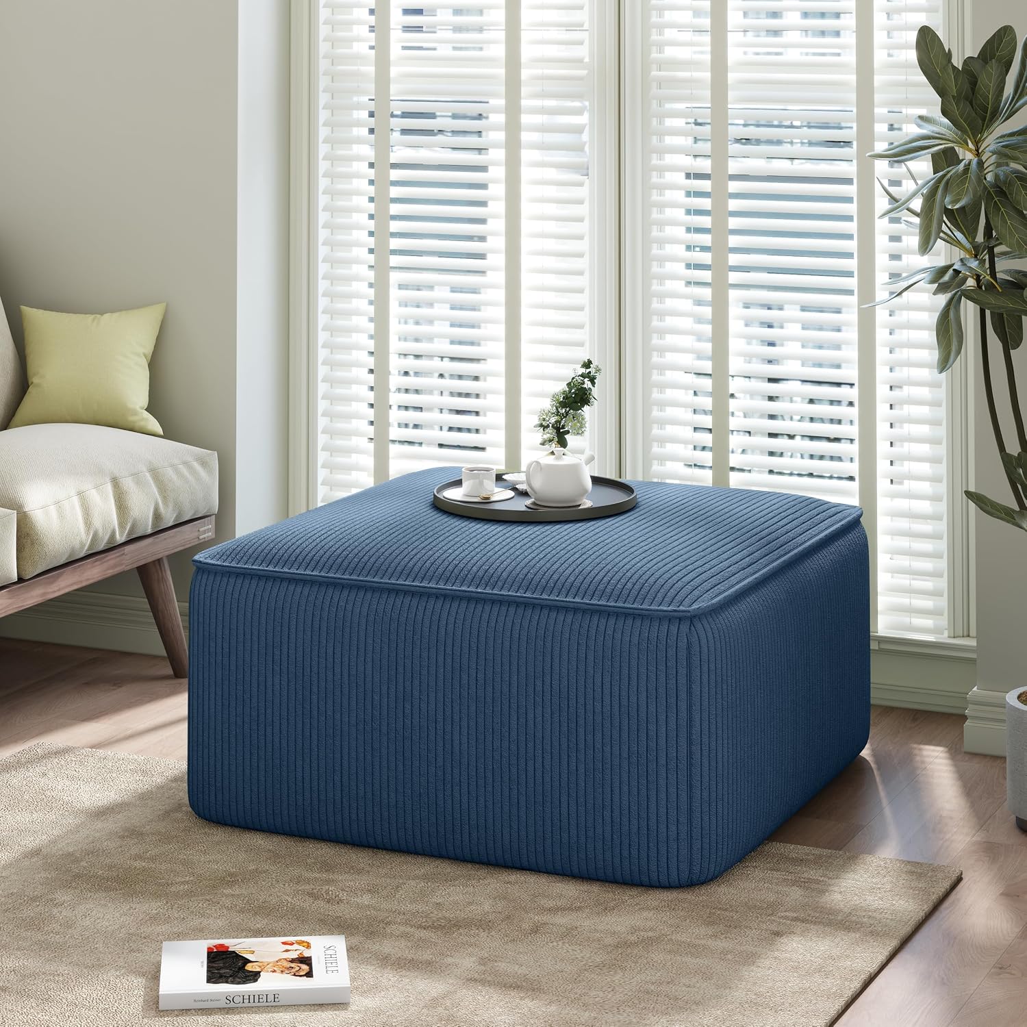 Christopher Knight Home Isa Corduroy Ottoman Footstool, Square Pouf Poufee Footrest Ottoman Large Seat, Modern Side Table for Living Room Bedroom Home Decor, Navy Blue, 30"