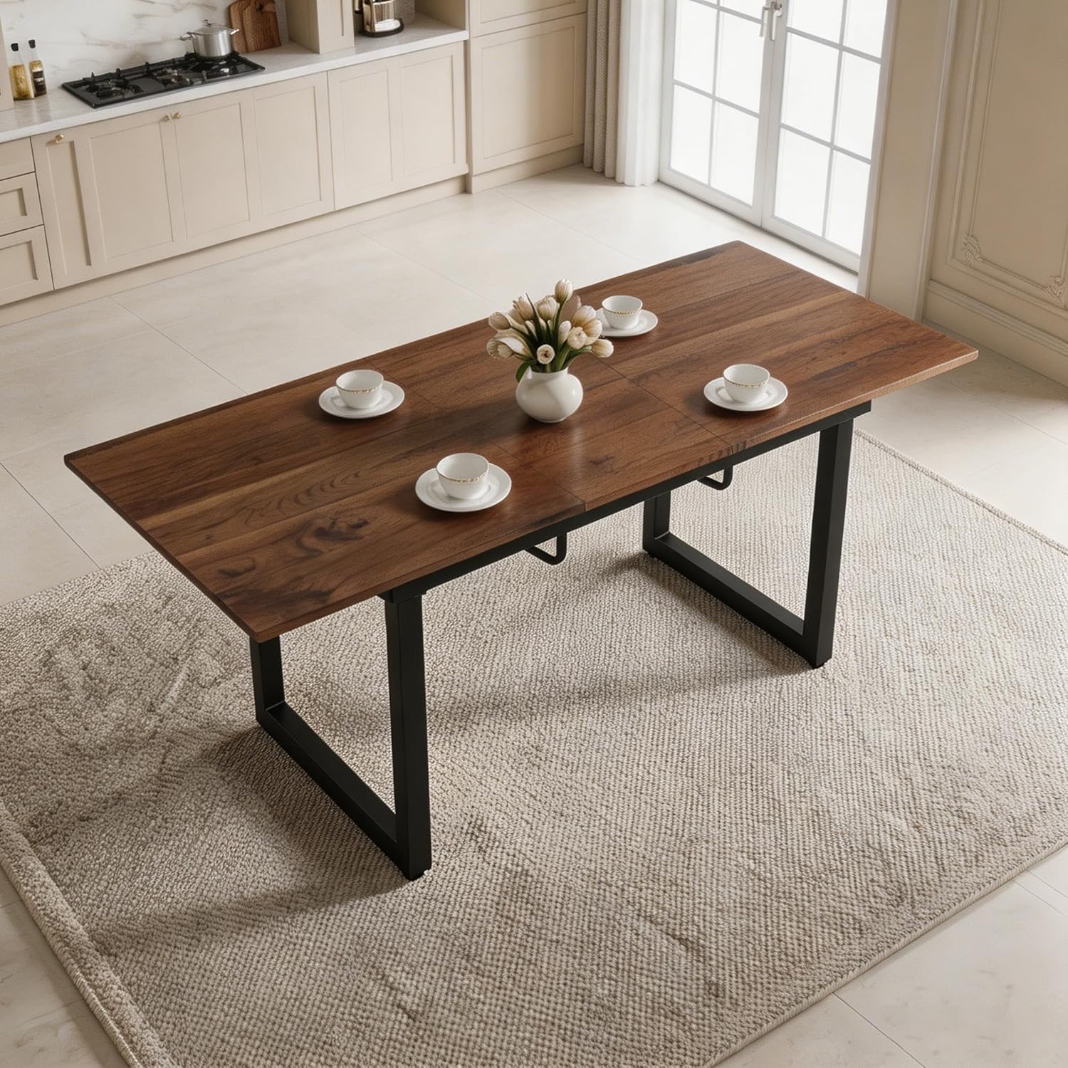 Extendable Dining Table for 4-8, 55"-71" Rectangular Kitchen Table, Modern Farmhouse Expandable Table with MDF Top, Space-Saving Wooden Table for Dining Room, Kitchen, Living Room, Office, Walnut