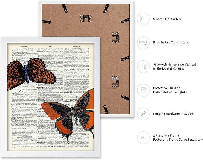 Poster Master Dictionary Art Poster - Butterflies Print - Moth Art - Butterfly Art - Insect Art - Gift for Men, Women & Animal Lover - Chic Decor for Living Room or Bedroom, 11x14 White Framed