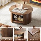 Round Coffee Table with Storage, 31.5" Modern Fluted Center Table, 2-Tier Mid Century Coffee Table, Wood Circle Table for Living Room, Home Office, Small Space, Walnut