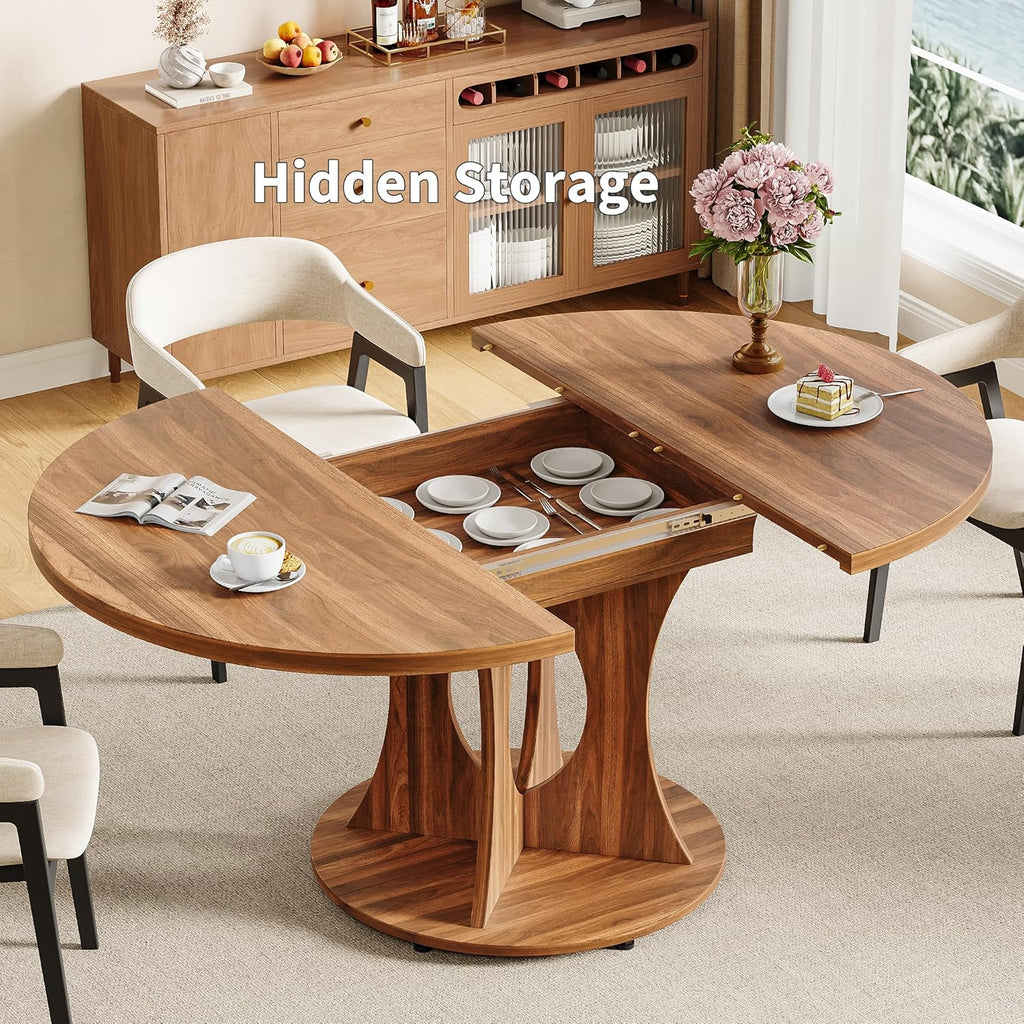 iPormis 43.3-59 Inch Extendable Round Dining Table for 6-8 People, Oval Dinner Table with Adjustable Top and A Stable Round Pedestal Base, Space Saving Wooden Kitchen and Dining Table, Walnut