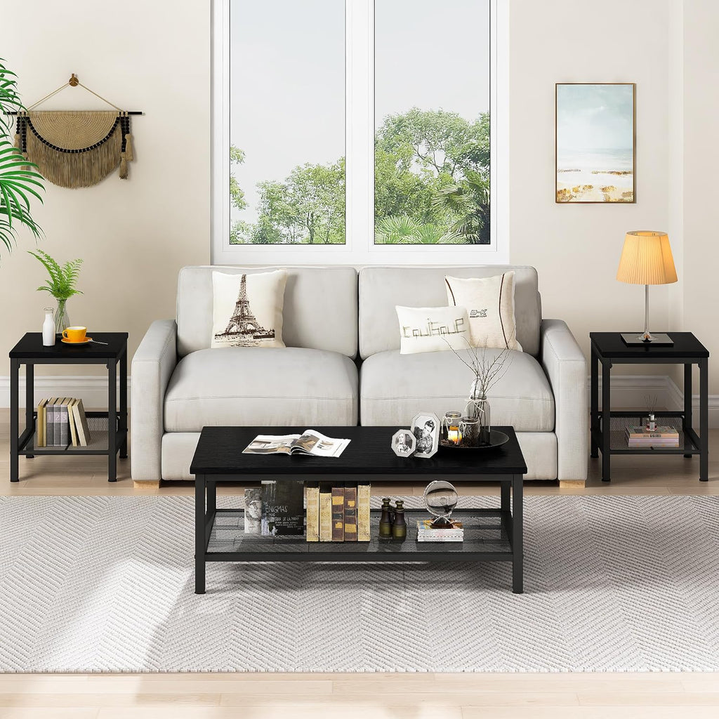 AWQM Coffee Table Set of 3, Industrial Coffee Table with 2 Square End Side Tables, Modern Living Room Table Set with Metal Frame for Apartment Home Office, Black