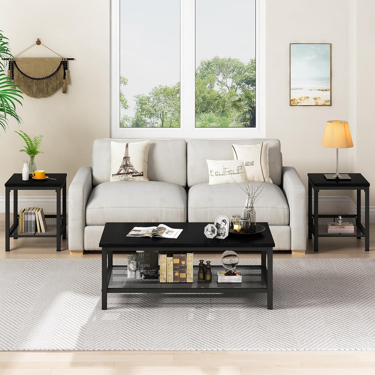 AWQM Coffee Table Set of 3, Industrial Coffee Table with 2 Square End Side Tables, Modern Living Room Table Set with Metal Frame for Apartment Home Office, Black