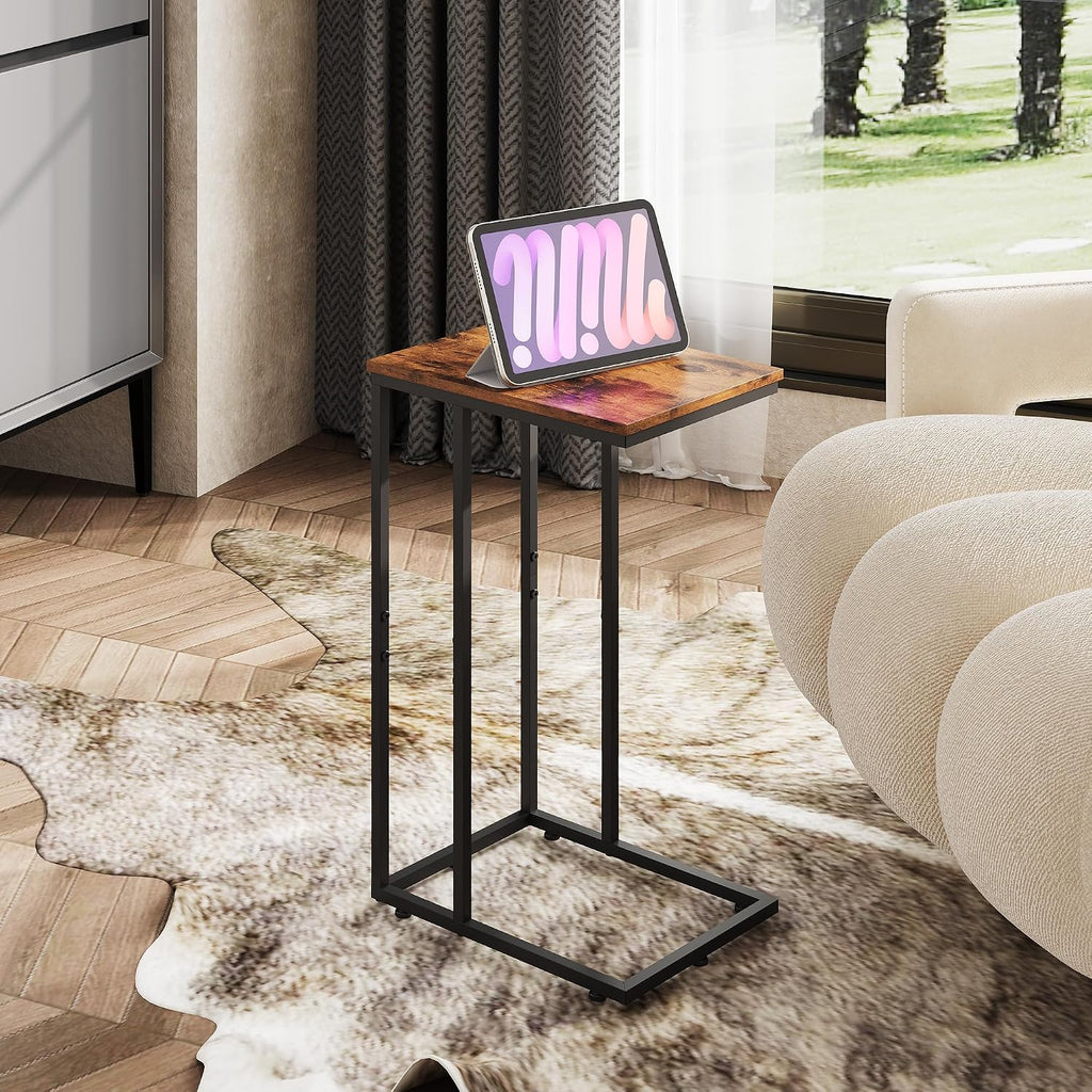 WLIVE C Shaped End Table, Small Side Table for Couch, Sofa, TV Tray C Table for Living Room, Bedroom, Home Office, Small Spaces, Rustic Brown