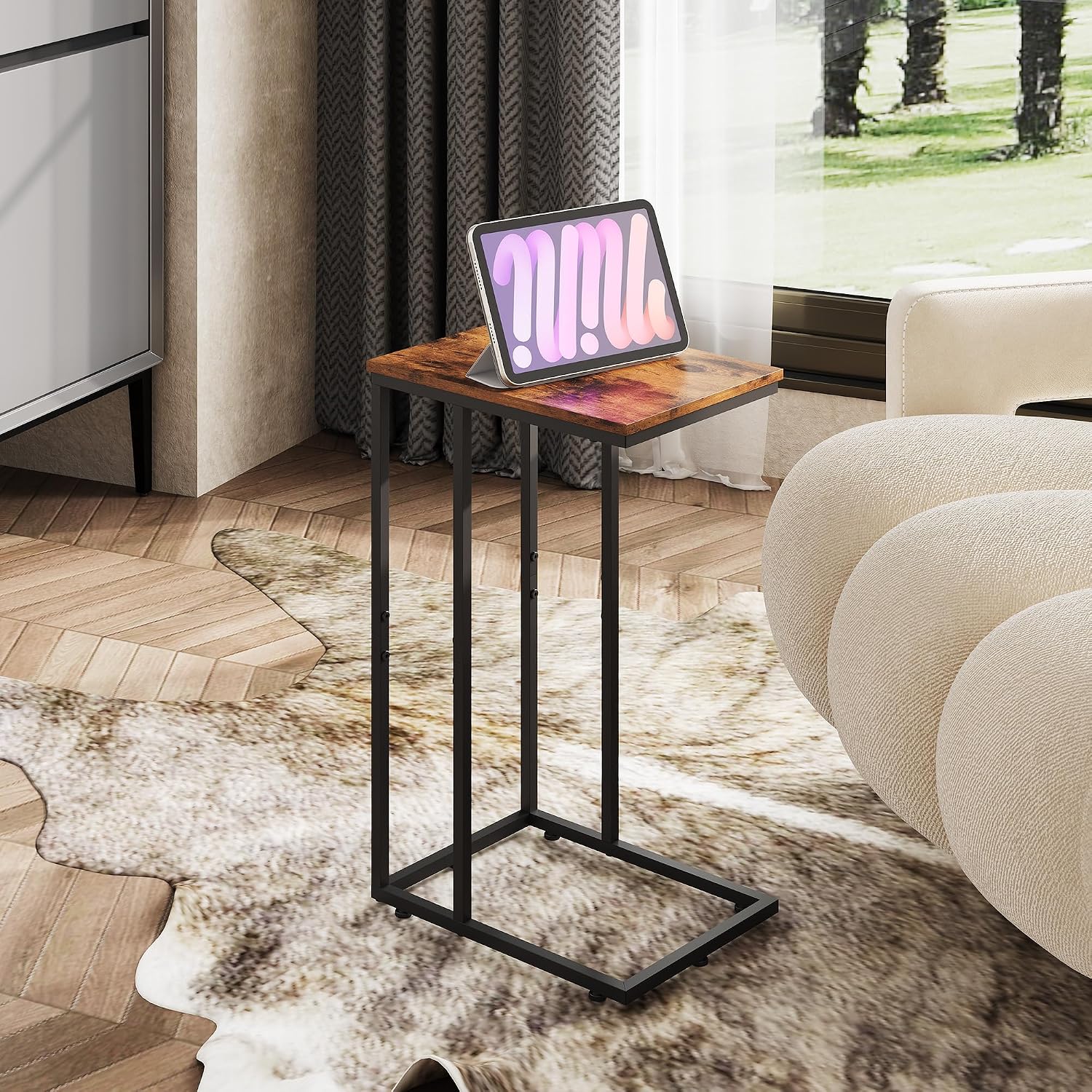 WLIVE C Shaped End Table, Small Side Table for Couch, Sofa, TV Tray C Table for Living Room, Bedroom, Home Office, Small Spaces, Rustic Brown