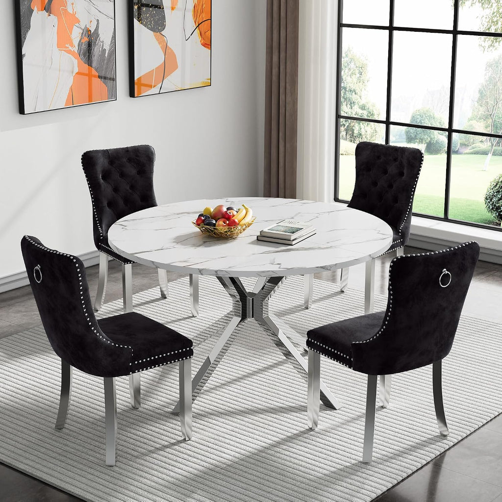 Modern Round Dining Table for 4 to 6, 47 inch Circle Dining Table with White Faux Marble Top & Silver Stainless Steel X Base, Round Dining Room Table for Kitchen Dining Room Small Space