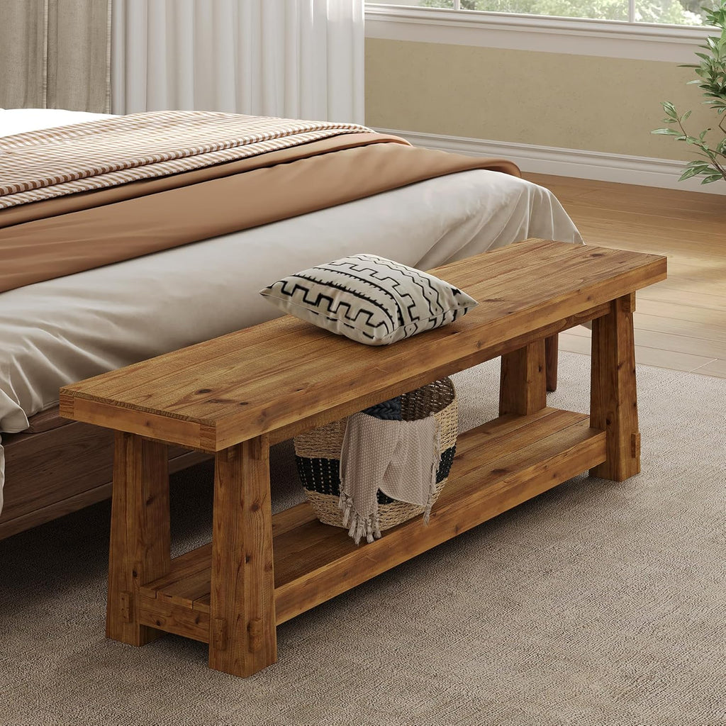 55" Solid Wood Entryway Bench with Shoe Storage, Rustic Wood Grain Shoe Rack Window Bench Seat for Foyer, Hallway, Mudroom, Bedroom, Easy Assembly (Rustic Wood)