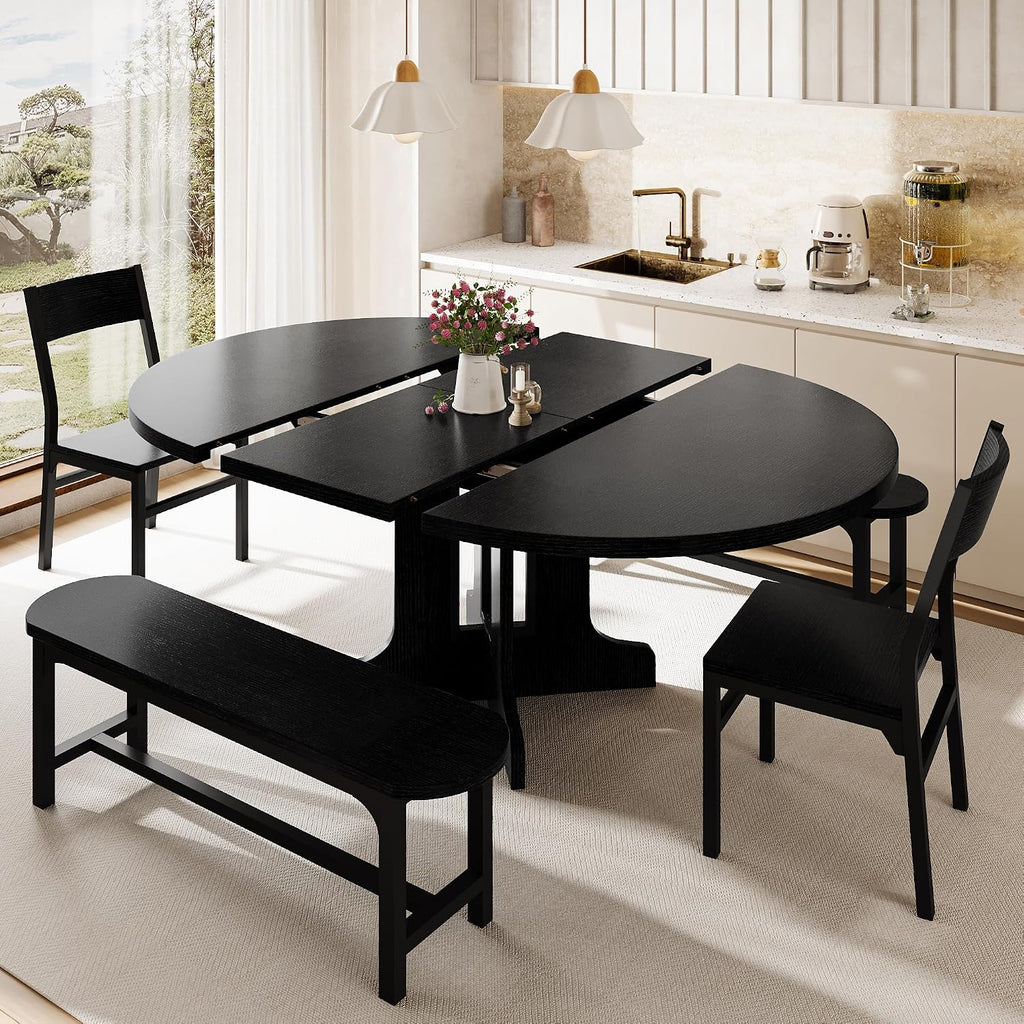 iPormis 5-Piece Round Dining Table Set for 4-6, 59" Extendable Dining Room Table Set with 2 Ergonomic Chairs & 2 Benches, Oval Modern Dinette Table with Metal Frame & MDF Board, Space-Saving, Black