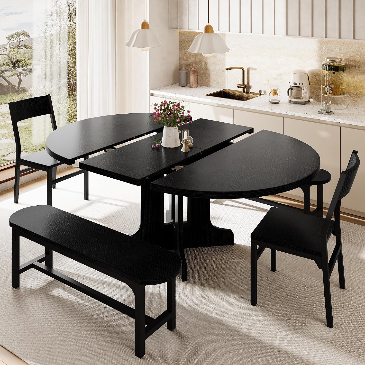 iPormis 5-Piece Round Dining Table Set for 4-6, 59" Extendable Dining Room Table Set with 2 Ergonomic Chairs & 2 Benches, Oval Modern Dinette Table with Metal Frame & MDF Board, Space-Saving, Black