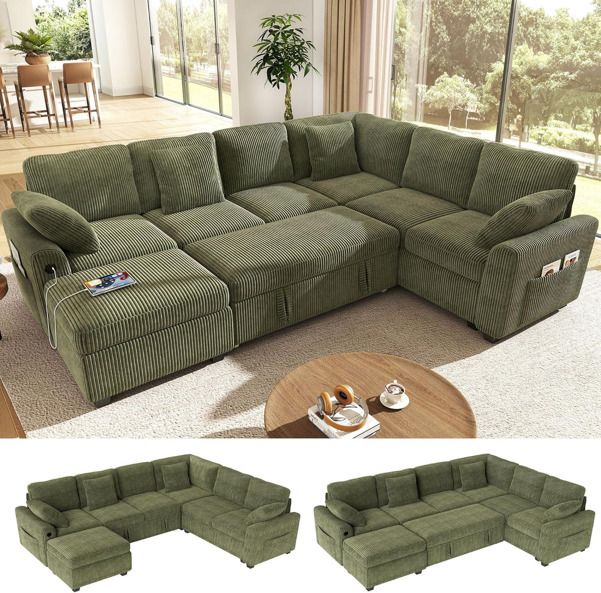 Ihanherry 7-Seater Large Sectional Sofa Bed with Storage Ottoman & Lovescat, Corduroy Modular Sleeper Sofa Set with USB Port & 4 Pillows, 106" U-Shaped Convertible Couch for Living Room（Green）