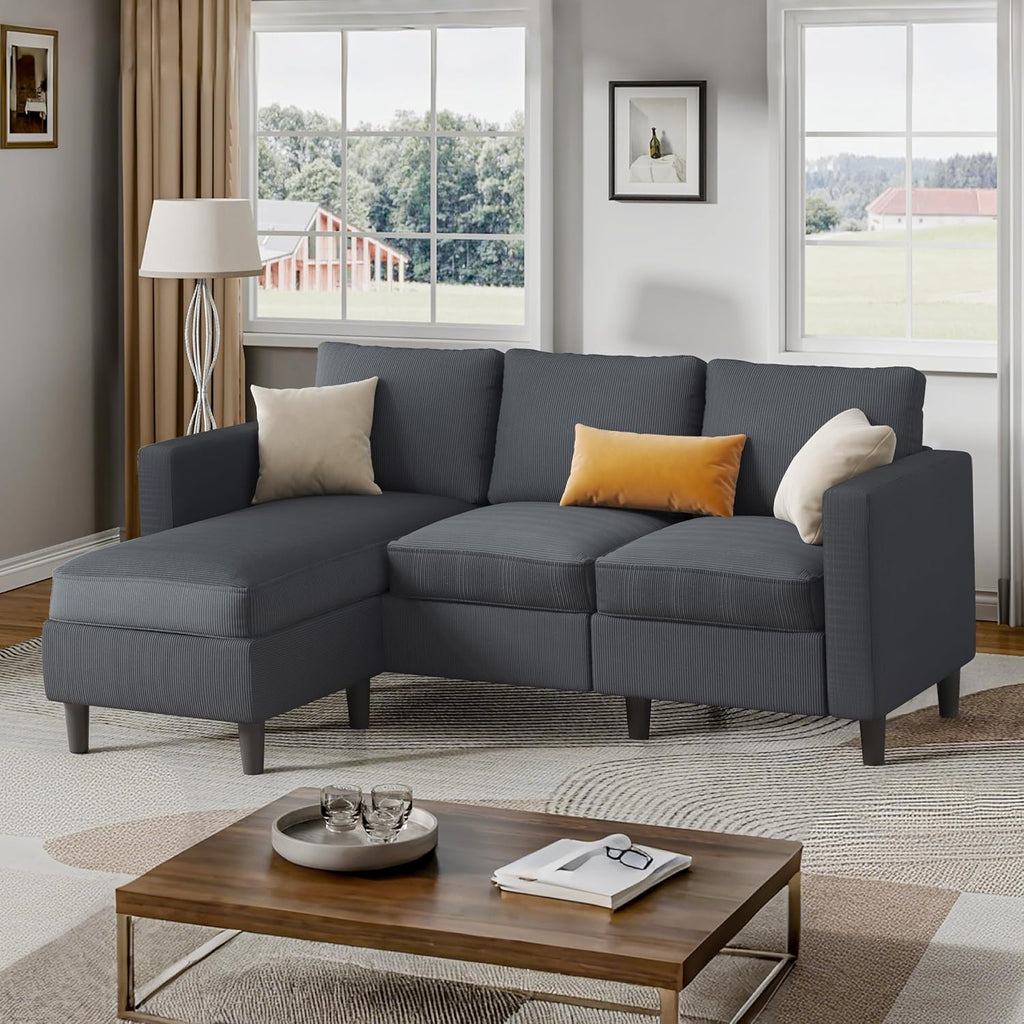 Shintenchi Small Convertible Sectional Couch with Movable Ottoman, 3 Seat L Shaped Sofa with Corduroy, Upholstered Sectional Sofa, Small Couches for Living Room, Apartments, Office (Dark Grey)