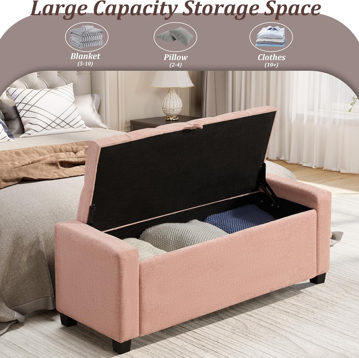Royal Windsor Ottoman with Storage,Tufted Storage Bench with Safety Hinge,Holds up to 350 lb,Upholstered Bench with Seating for Bedroom, Living Room,Entryway,Pink