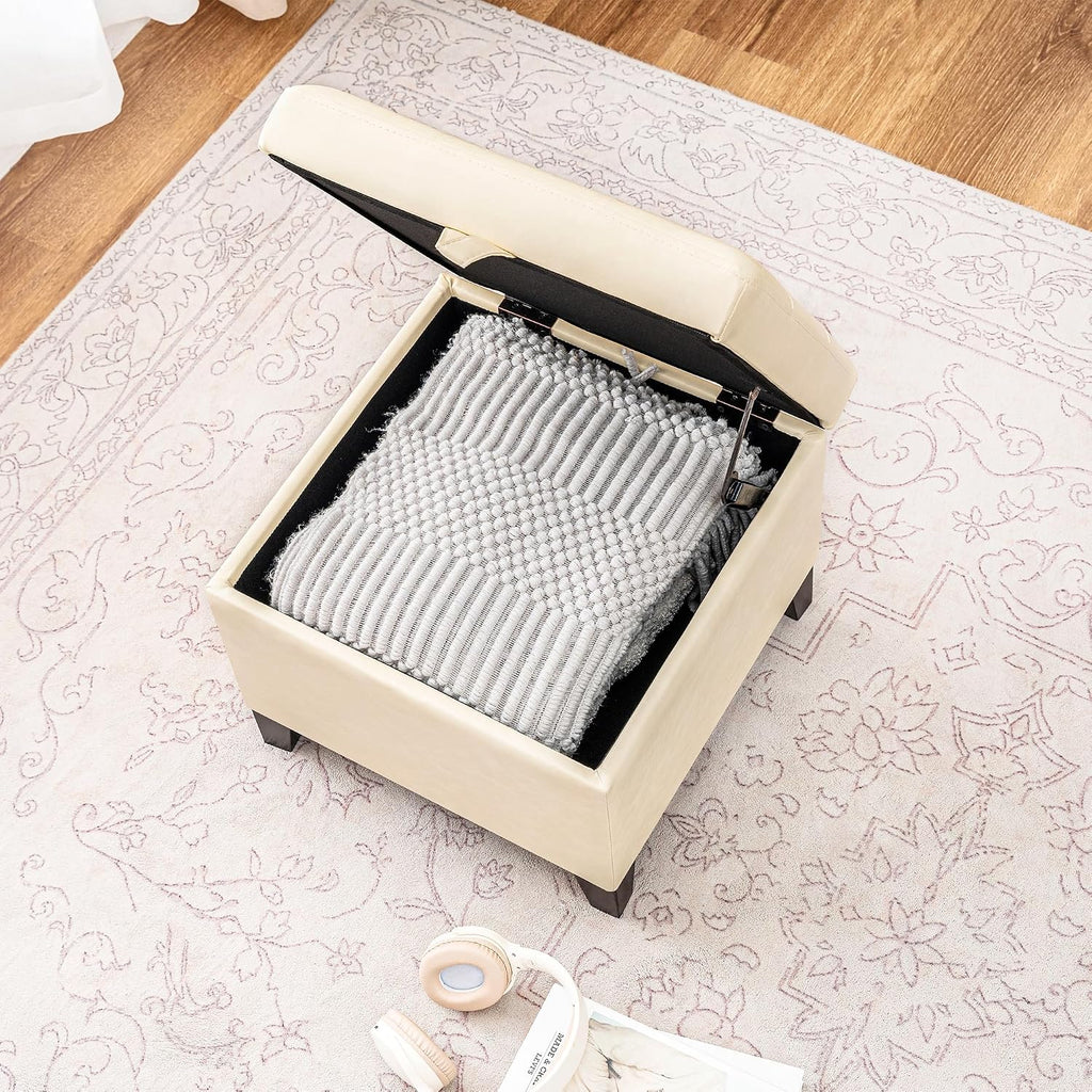 Asense 17 Inch Storage Ottoman Foot Rest,Square Faux Leather Foot Stool,Small Ottoman with Storage,Padded Seat for Entryway,Living Room,Bedroom,Couch,Under Desk,Beige